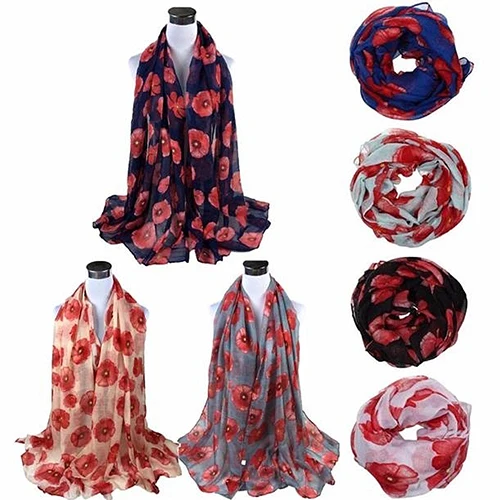 Women Fashion Red Poppy Flower Printed Voile Long Scarf Wrap Stole Shawl