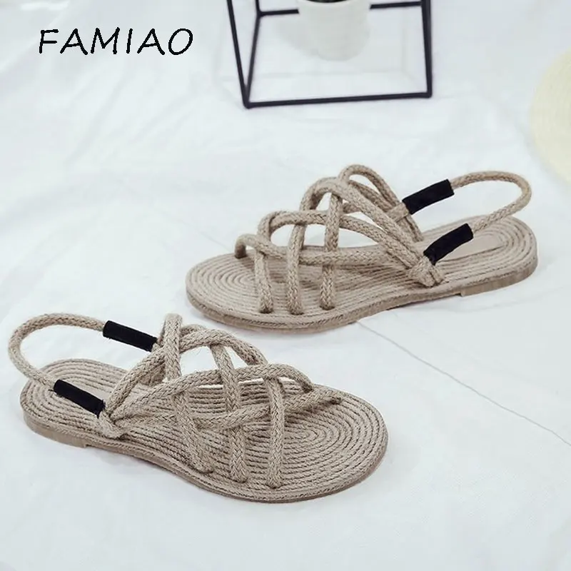 FAMIAO 2018 New Summer Women Sandals Casual Straw Rope for women Fashion Open Toe Fisherman Shoes Female flats | Обувь