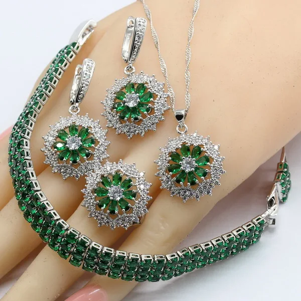 4PCS 925 серебряные ювелирные наборы для женщин в форме цветка зеленое полудрагоценное ожерелье кулон Браслеты Серьги Кольца подарочная коробка - Окраска металла: 4PCS