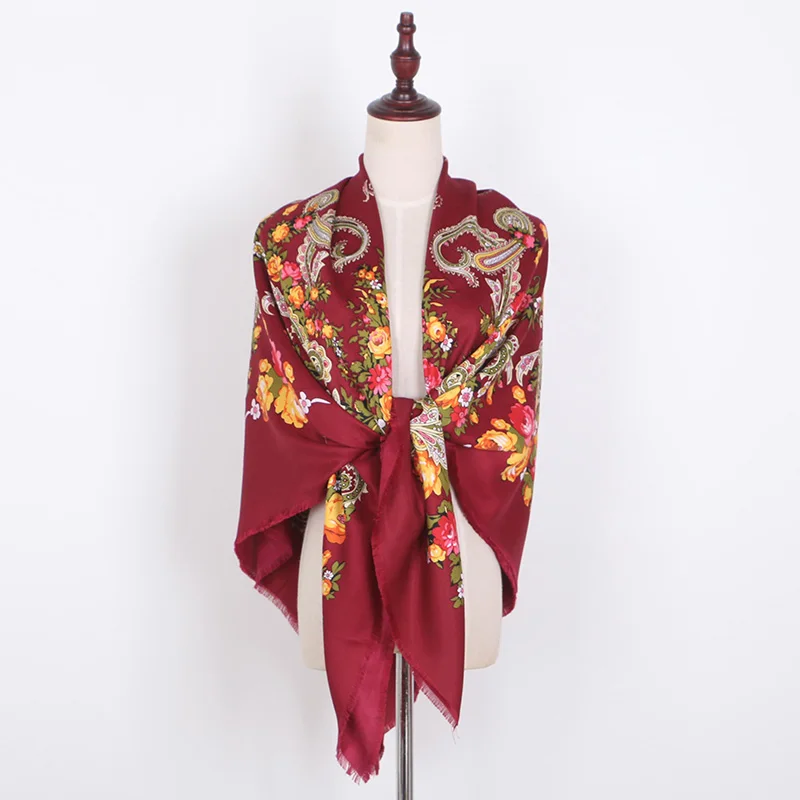 [FAITHINK] 140cm Women Square Travel Scarf Shawl Lady Traditional Floral Designer Wrap Stole Winter Warm Poncho Cotton scarf | Аксессуары