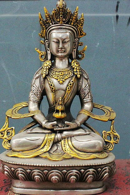 

decoration Tibet copper silver Old Tibet Buddhism Fane Silver Gilt Amitayus longevity God Goddess Buddha Statue