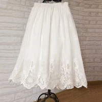 free shipping 2021 new fashion knee length summer 100 cotton embroidery flower lace cutout skirts for women elastic waist