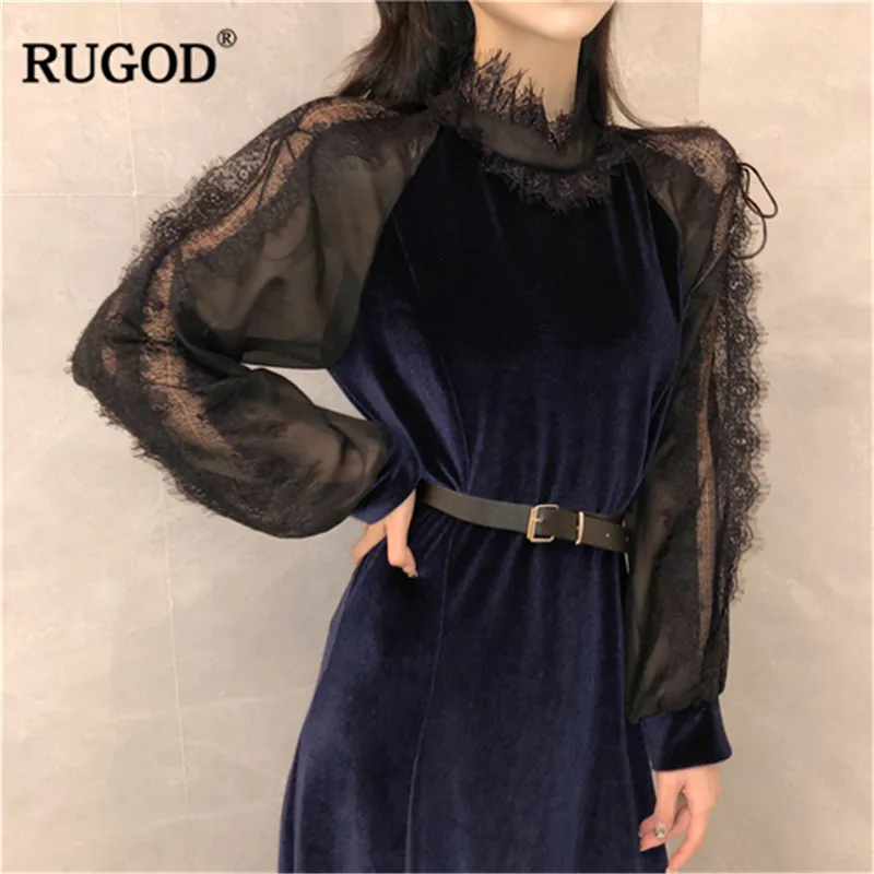 RUGOD модное однотонное женское платье кружевное повседневное весеннее с длинным