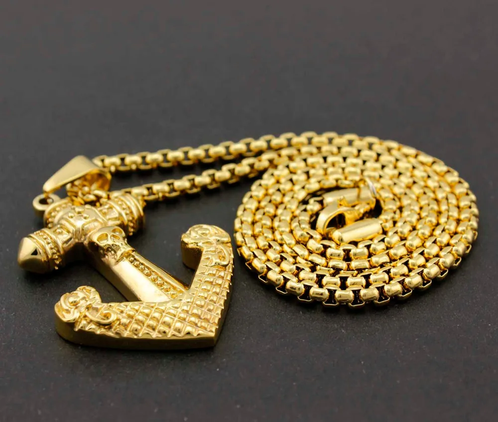 Мужская Золотая нержавеющая сталь Ретро Якорь Байкер Готический кулон ожерелье