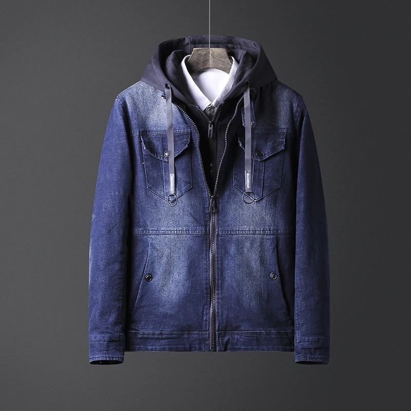 Мужская джинсовая куртка в ковбойском стиле черная со съемным капюшоном большие