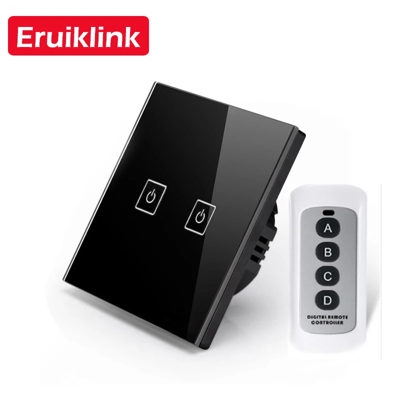 black 2gang with RC1 Eruiklink ЕС/Великобритания стандарт 1 2 3 банды RF433 пульт дистанционного управления настенный сенсорный выключатель, беспроводной пульт дистанционного управления светильник, переключатели умный дом - Цвет: black 2gang with RC1