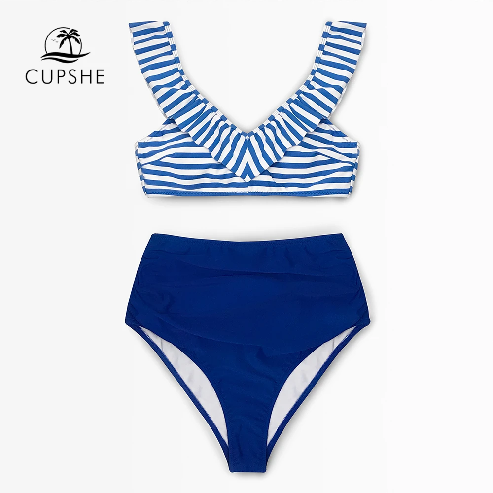 CUPSHE/женские комплекты бикини в синюю полоску с оборками и высокой талией
