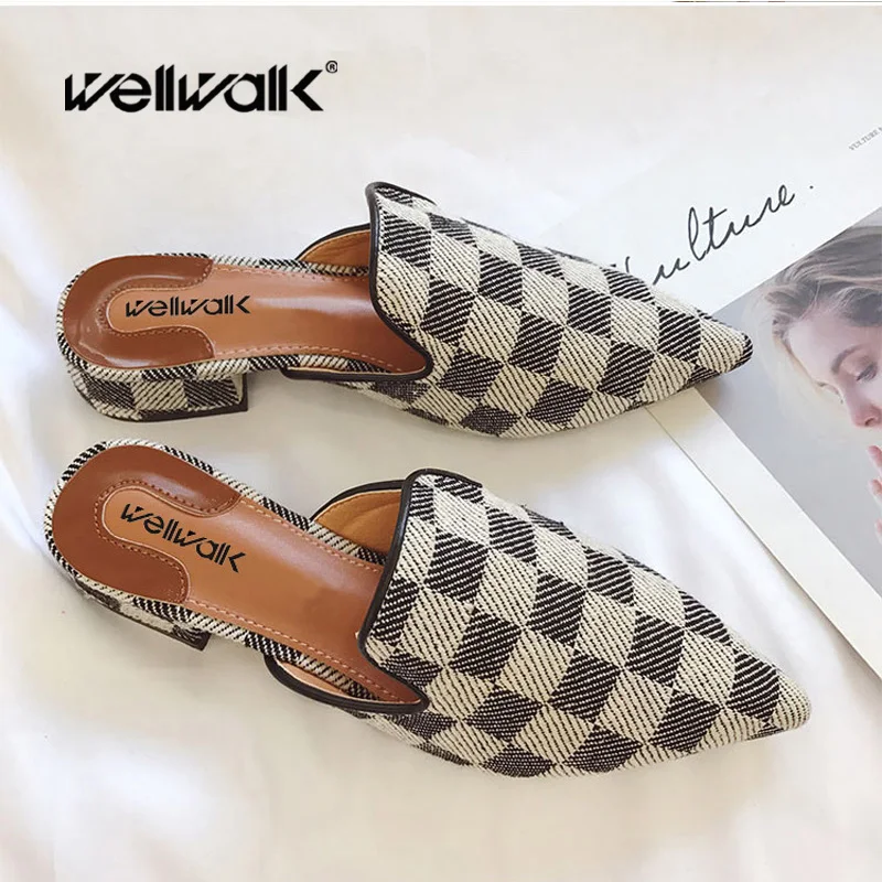 Модные женские шлепанцы 2018 плед Для женщин балетки с острым носом на плоской