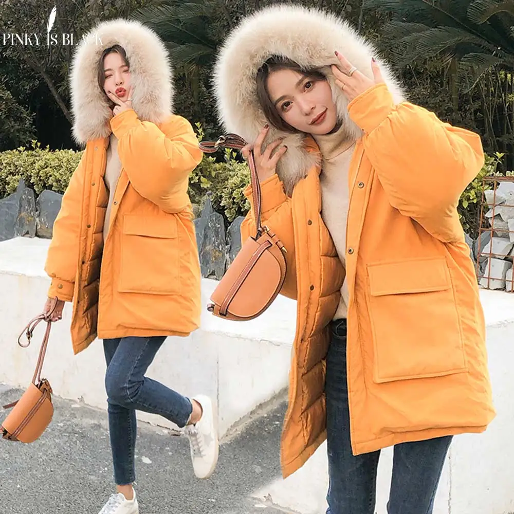 PinkyIsblack зимняя куртка для женщин длинное пальто теплые парки Толстые женские теплые меховые воротник с капюшоном Высокое Качество пуховики хлопковые куртки - Цвет: Цвет: желтый