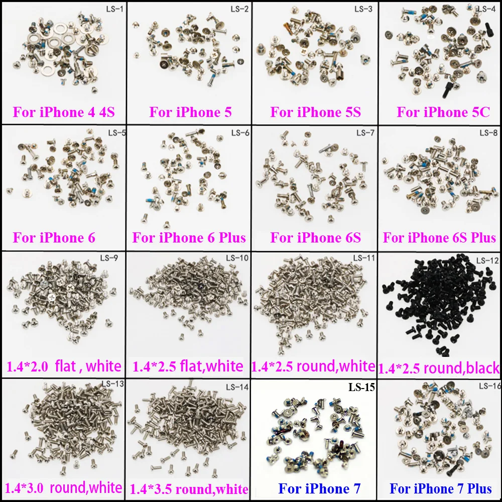 

ChengHaoRan Full Screws Set for iphone 4 4S 5 5S 6 6s 7 7P plus with 2 Bottom Screws color random New Replacement silver or gold