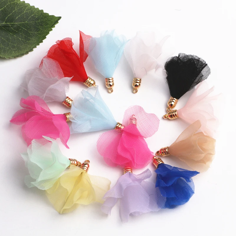 

100pcs Colorful 40mm Satin Flower Pendant Tassels Diy Earrings Bow Craft Wedding Party Decoration DIY Supplies Accessories