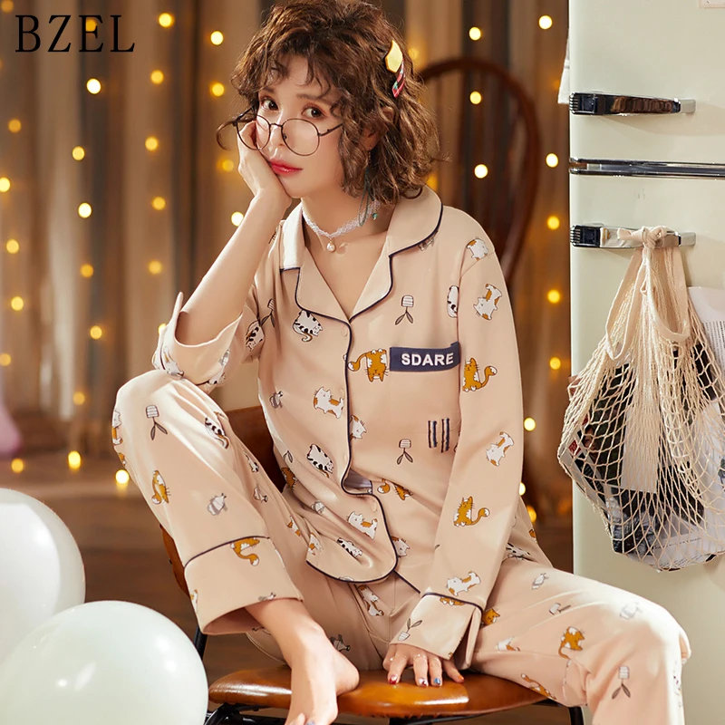BZEL/2 шт.; женская пижама с длинными рукавами; Mujer; нижнее белье; Хлопковая пижама с рисунком кота; Повседневная Свободная Пижама; комплект одежды для сна и отдыха