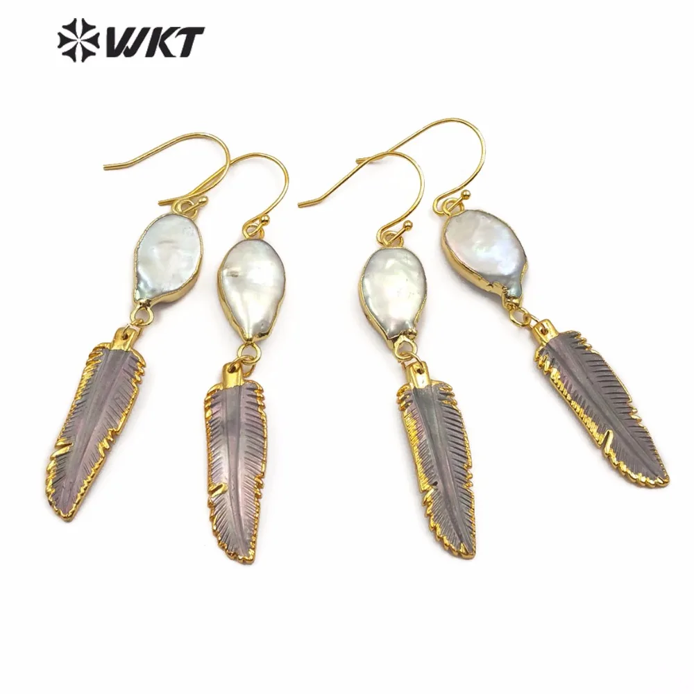 WT-E494 WKT романтические жемчужины с ракушками, серьги с натуральным жемчугом, декоративные золотые серьги в форме легкого пера