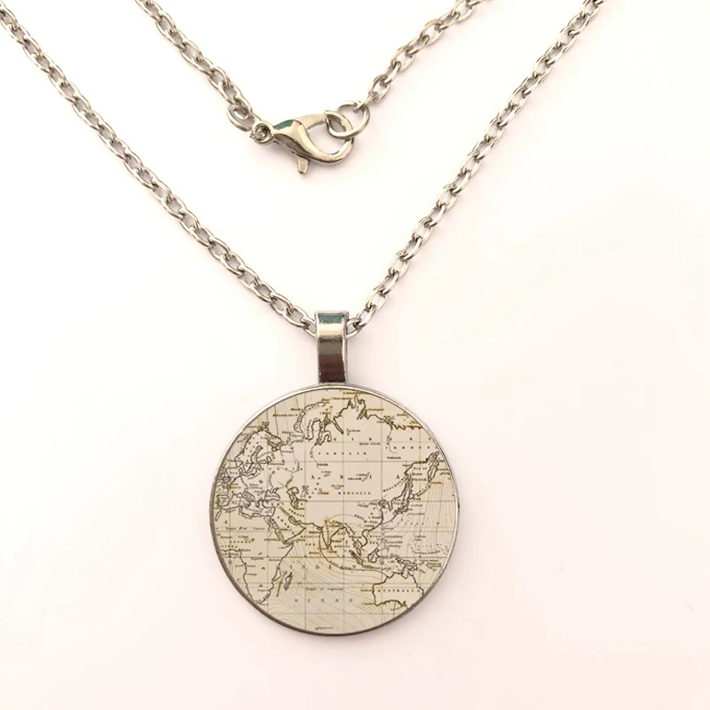 Ожерелье со стеклянной подвеской и изображением карты серебряное ожерелье с