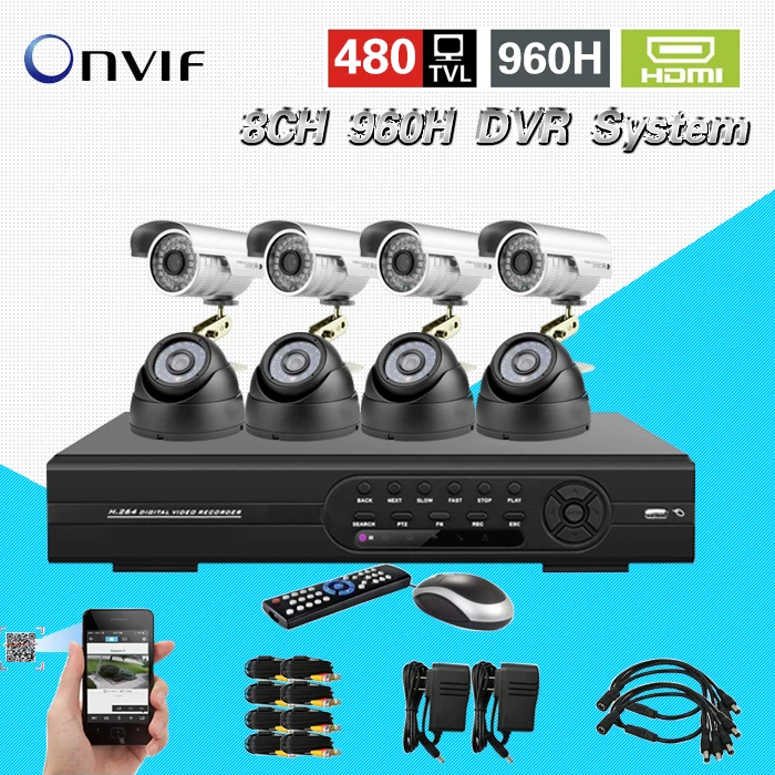 8 шт. 480TVL Цвет CMOS ИК Крытый Открытый водонепроницаемый камеры 8Ch полный 960 H H.264 CCTV
