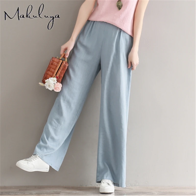 

Шикарные женские брюки Makuluya Mori, из хлопка и льна, с эластичной талией, широкие, повседневные, универсальные, прямые, полной длины, свободные, ...