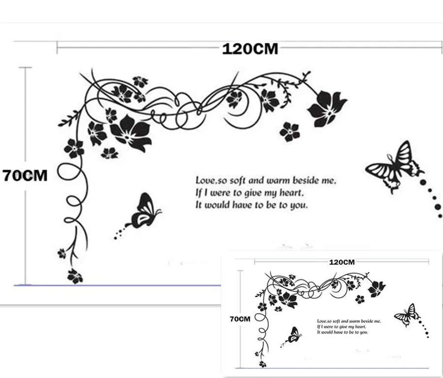 

Big Wall Sticker Black Flower Vine Butterfly 47*27IN Removable Creative Decals