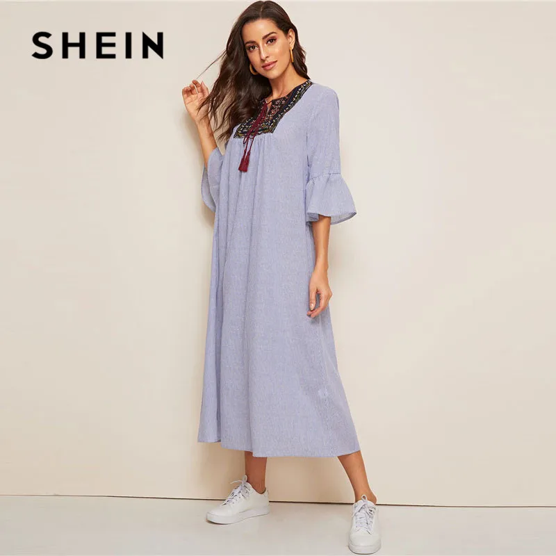 SHEIN летнее платье в полоску с бахромой и рукавами-воланами, Boho, с заниженной талией, свободное женское платье, с круглым вырезом, с вышивкой, макси платья
