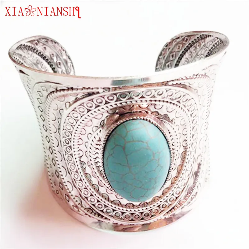 blue Уникальный дизайн, этнические ювелирные изделия, большой кристалл, открытая широкая манжета, браслет с голубым камнем, мужской браслет, State, мужские браслеты, нарукавная повязка для женщин - Окраска металла: blue