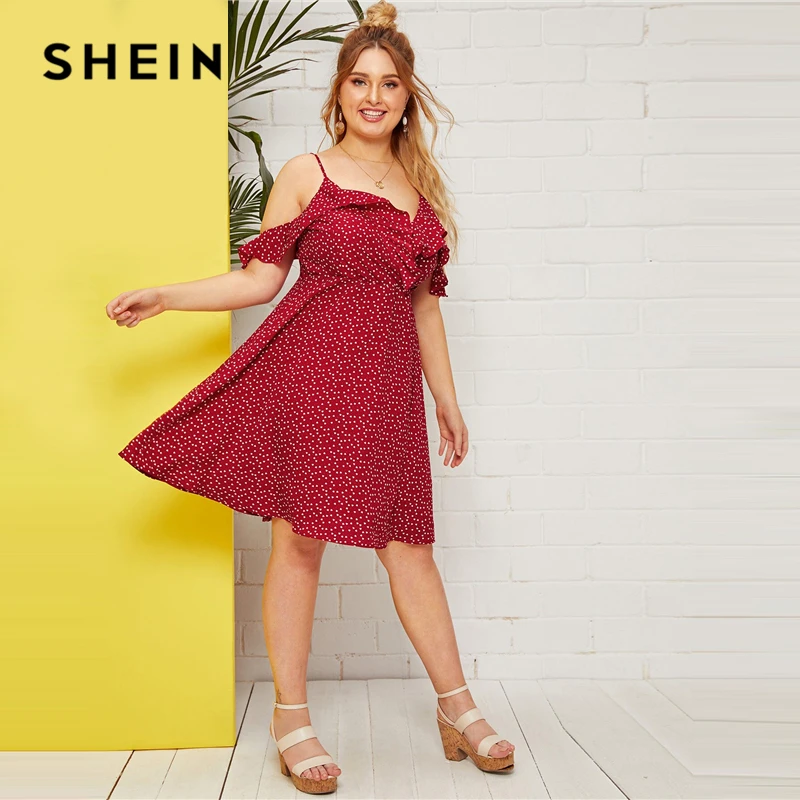 SHEIN, платье трапециевидной формы размера плюс с оборками и открытыми плечами, с принтом в виде конфетти и сердца,, женские летние платья с высокой талией в стиле бохо