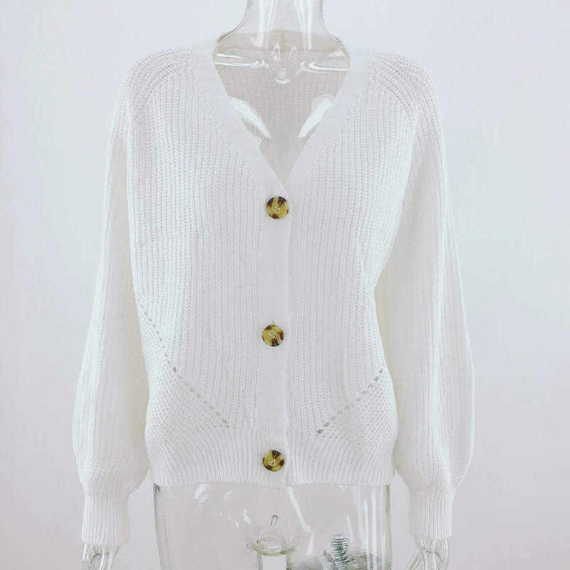 Женский вязаный кардиган однотонный однобортный джемпер с v-образным вырезом на