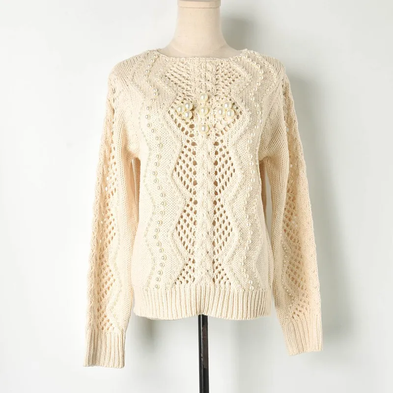 Hollow Out Beaded Sweater Women 2019 Spring New Slash Neck Crude Wool Line Knit Ladies Ruway Pullovers Chic Tops | Женская одежда
