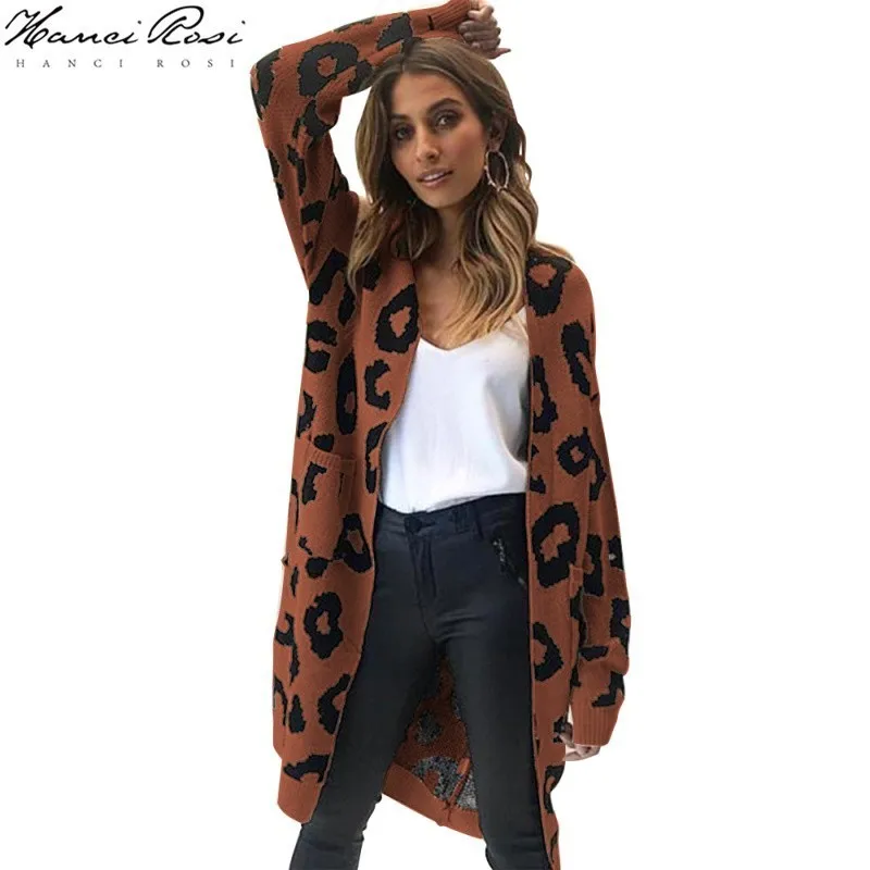HANCI ROSI Леопардовый осенний женский кардиган Mujer Invierno 2019 свитер для женщин длинный