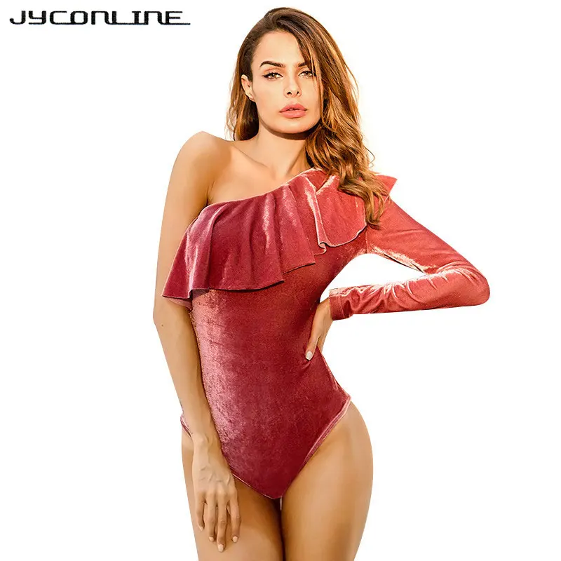 

JYConline Off Shoulder Velvet Ruffle Bodysuit Women Sexy Jumpsuit Romper Autumn Winter Party Club Bodysuit Fitness Tops Overalls