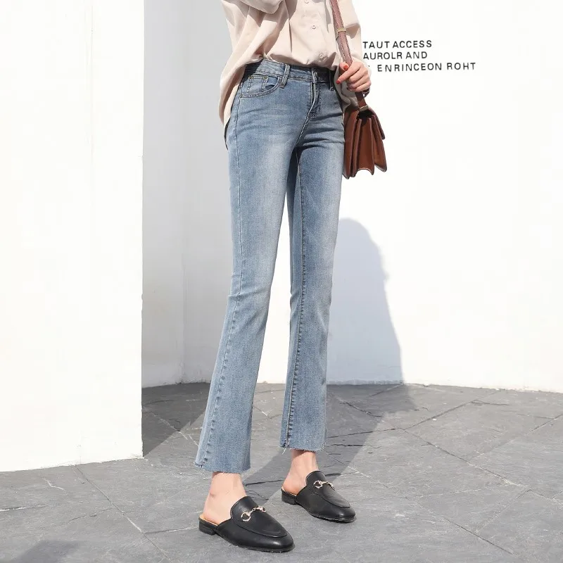 Spring Blue High Waist Jeans Woman 2019 New Korean Slim Fit Micro Flare Denim Pants Ladies Casual Vintage Wild Women | Женская одежда