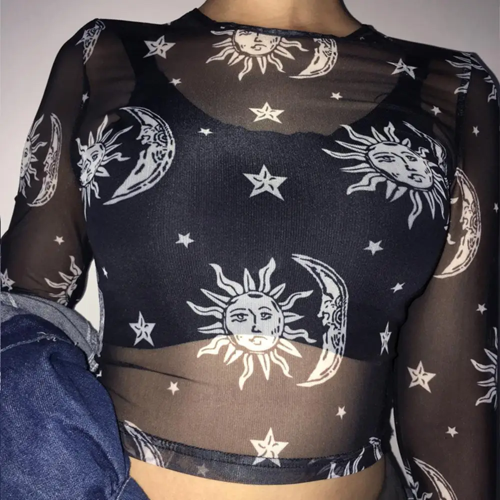 2019 сетчатые Прозрачные топы женские футболки с длинным рукавом укороченные