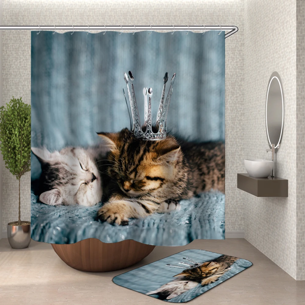 Cat Shower Curtain Bathroom Waterproof Fabric Poyester Bath Cute Pet Door | Дом и сад