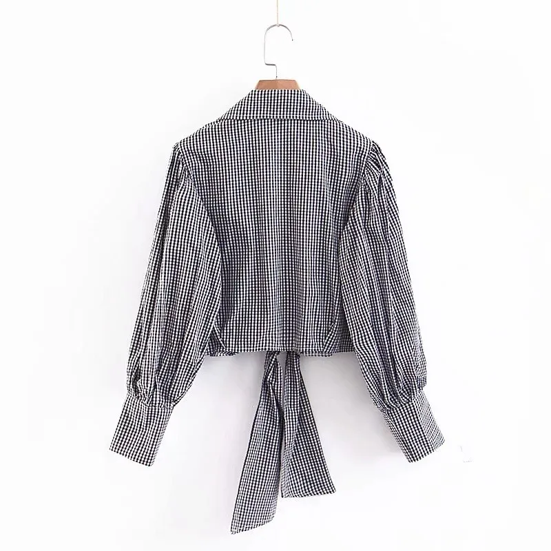 Женская блузка с длинным рукавом фонариком однотонная клетчатая коротким на