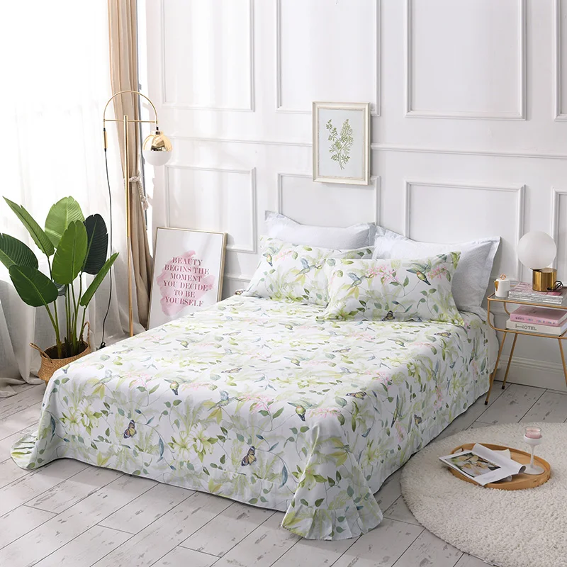Зеленый Яркий плоский лист с принтом бабочки и листьев King Queen Twin size 100% хлопок