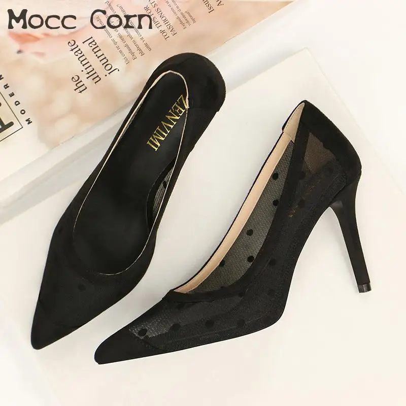 Босоножки женские сетчатые на высоком каблуке туфли лодочки с острым носком