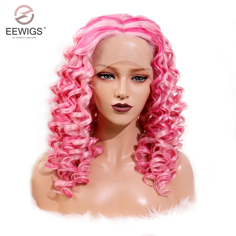 EEWIGS кудрявый синтетический парик выделите розовый цвет фронта шнурка бесклеевая