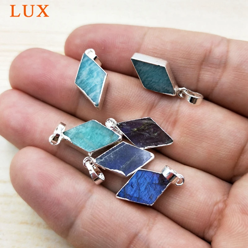 Шт. 10 шт. серебряный цвет натуральный Лабрадорит Amazon Stone кулон ромб Gem модные подвески для цепочки и ожерелья