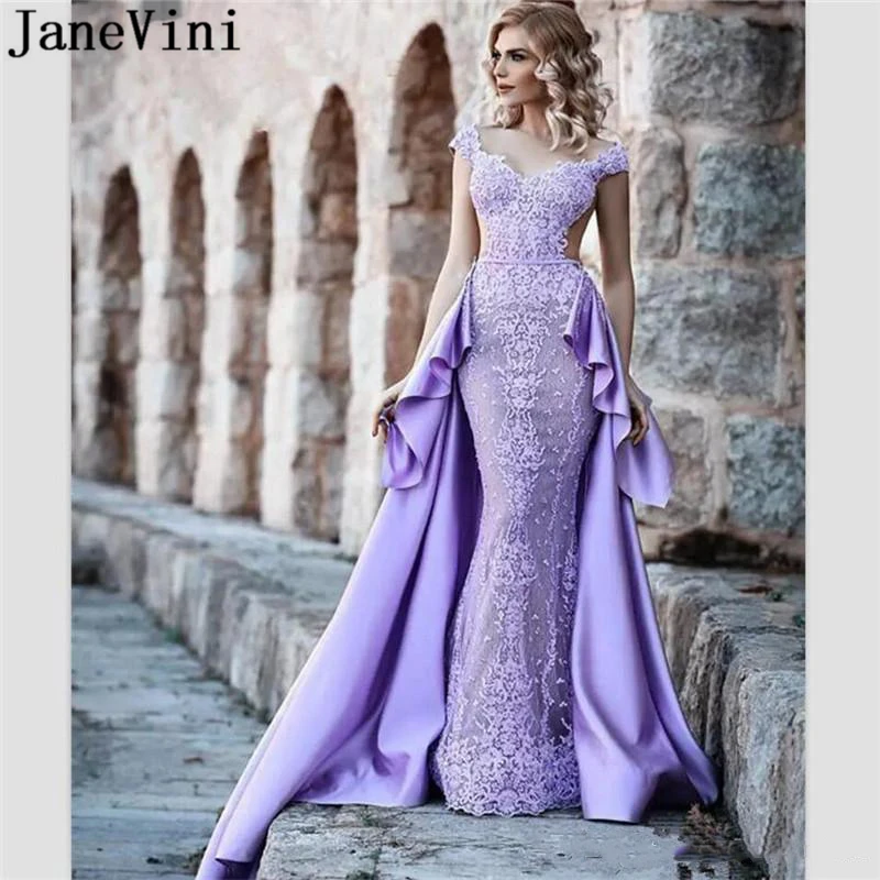 

JaneVini Saudi Arabia Lace Prom Dress for Plus Size Woman V Neck Mermaid Long Dresses with Detachable Train Backless Gala Jurken
