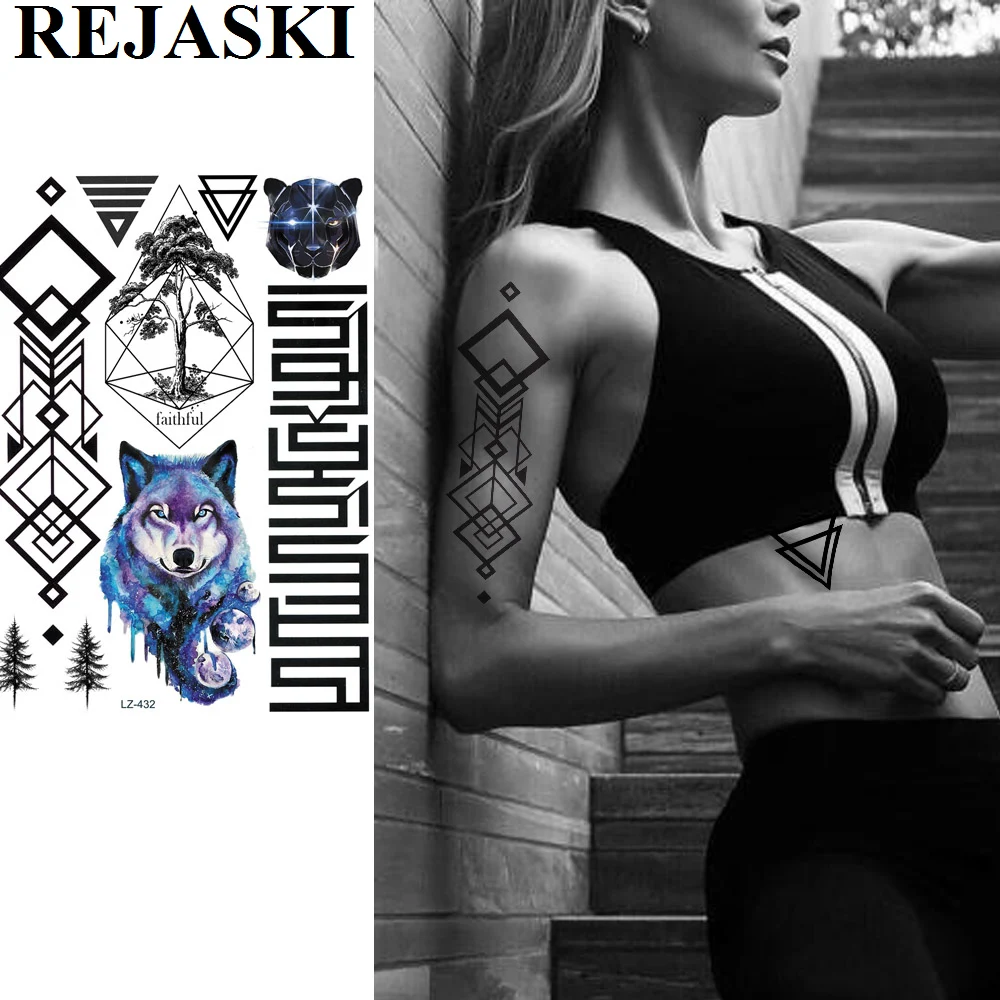 

Временные татуировки REJASKI акварельные с синим волком и Вселенной, черные сексуальные геометрические алмазные татуировки, художественные т...