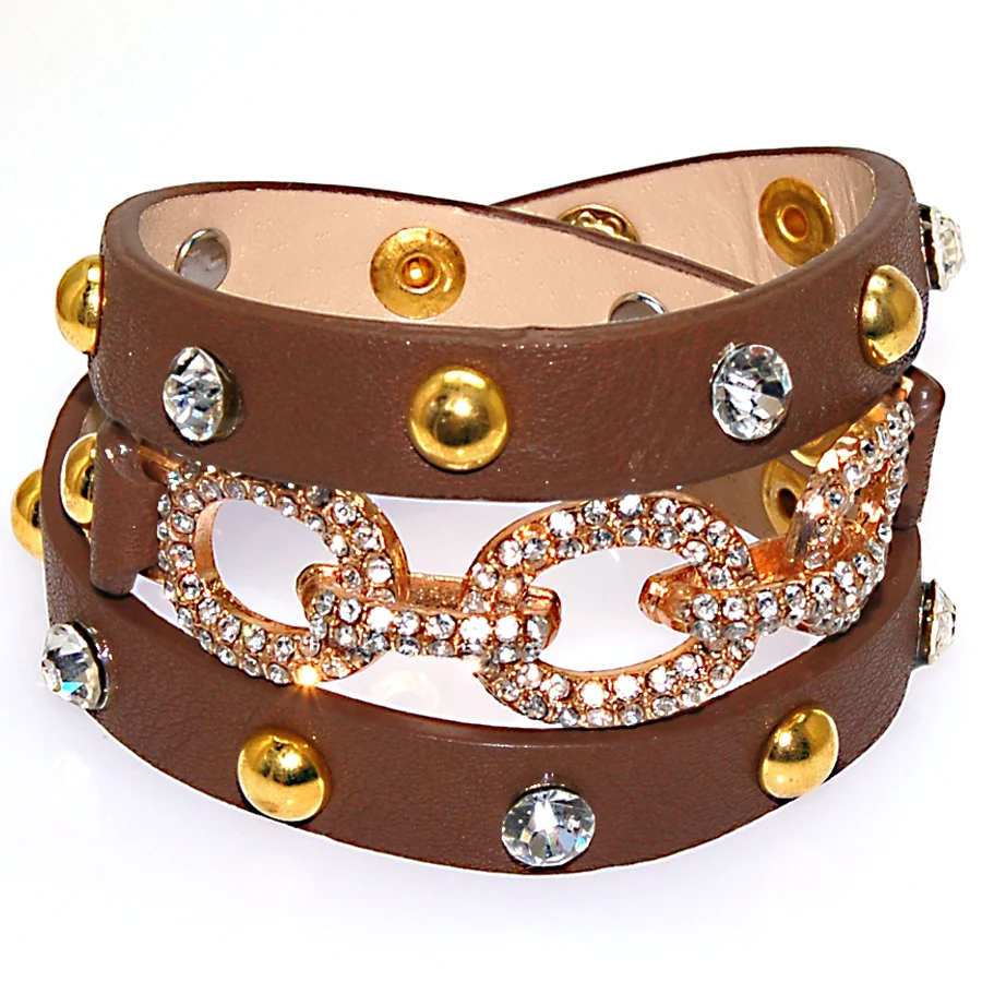 Двойной браслет с кристаллами и фианитами из ПУ кожи|wrap leather bracelet|double wrap braceletwrap