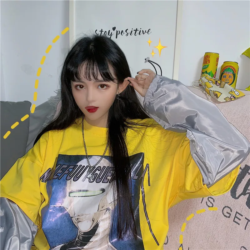 

Camiseta Mujer 2019 Весна Harajuku уличная Модная футболка Для женщин футболки корейский Ulzzang поддельные 2 шт футболка с длинным рукавом Топ