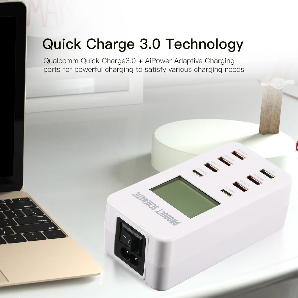 Сетевое зарядное устройство Quick Charge 3 0 hub 8A с 6 USB портами и 2 Type C настольное