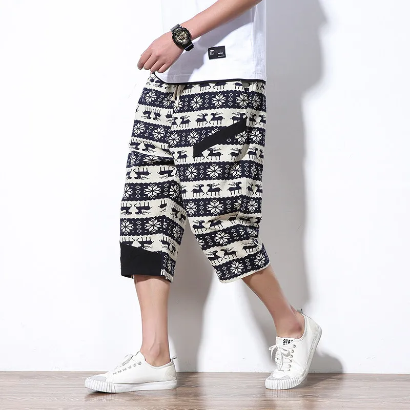 

Mens Pants Fashions Men Summer Chinese Thin Breathable Calf-length Trousers Printing Casual Loose Wide Leg Harem Pants DS50578