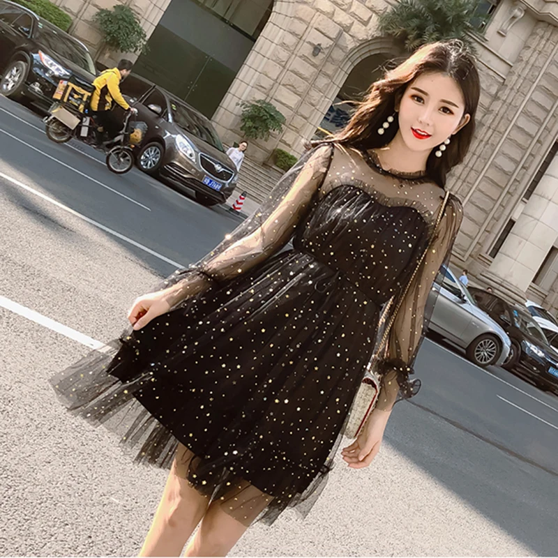 

Fanco Spring Summer New Women Star Sequins Gauze Flare Sleeve High Waistline Princess Dress Female Elegant O-Neck Mesh Dresse