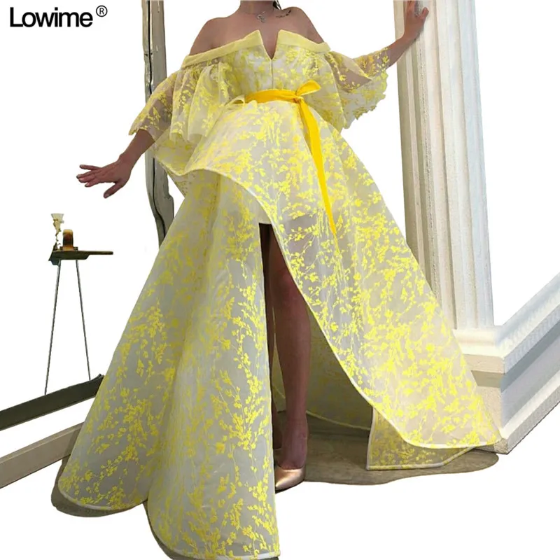 

Sexy Dubai Formal Evening Prom Dresses Long Avondjurk 2019 Yellow Appliques Lace Ruffles Half Sleeves Robe De Soiree