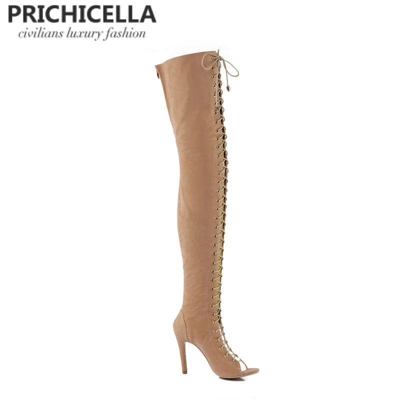 PRICHICELLA/пикантные женские сапоги-гладиаторы с открытым носком на высоком каблуке со шнуровкой; цвет красный, черный, коричневый; высокие сапоги до бедра; size35-42