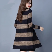 woem sweater knitted outerwear 2021 autumn and winter fashion medium long cardigan sweater female bold stripe pocket button a45