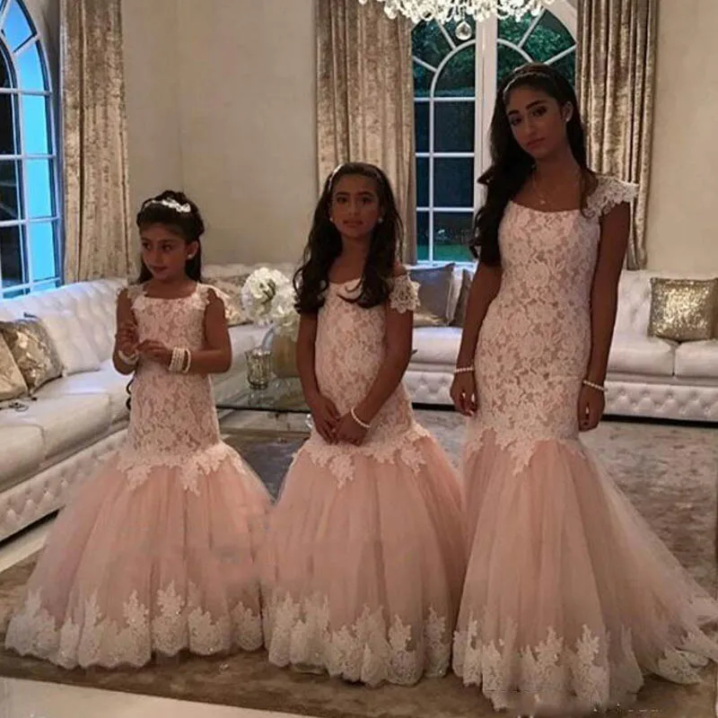 

2020 Mermaid Girls Pageant Gowns Lace Applique Cap Sleeve Flower Girls Dresses Children Tulle Kids Birthday Party Dress