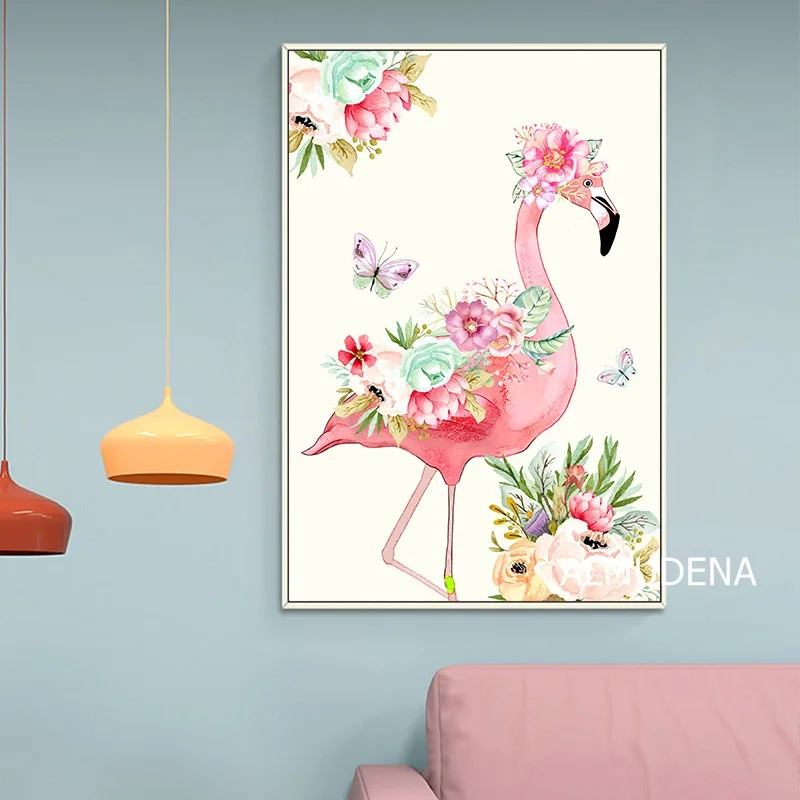 Картины в скандинавском стиле единорог Фламинго с цветами Картина на холсте