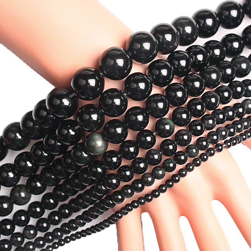 Натуральные каменные бусины, черный обсидиан, круглые, свободные, гладкие, большие, 4 6 8 10 12 14 16 мм, для создания браслета и ювелирных изделий.