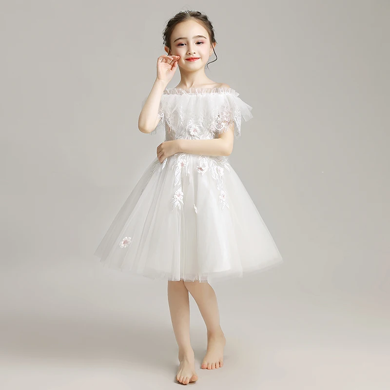 Милое детское кружевное платье с открытыми плечами аппликацией для девочек на